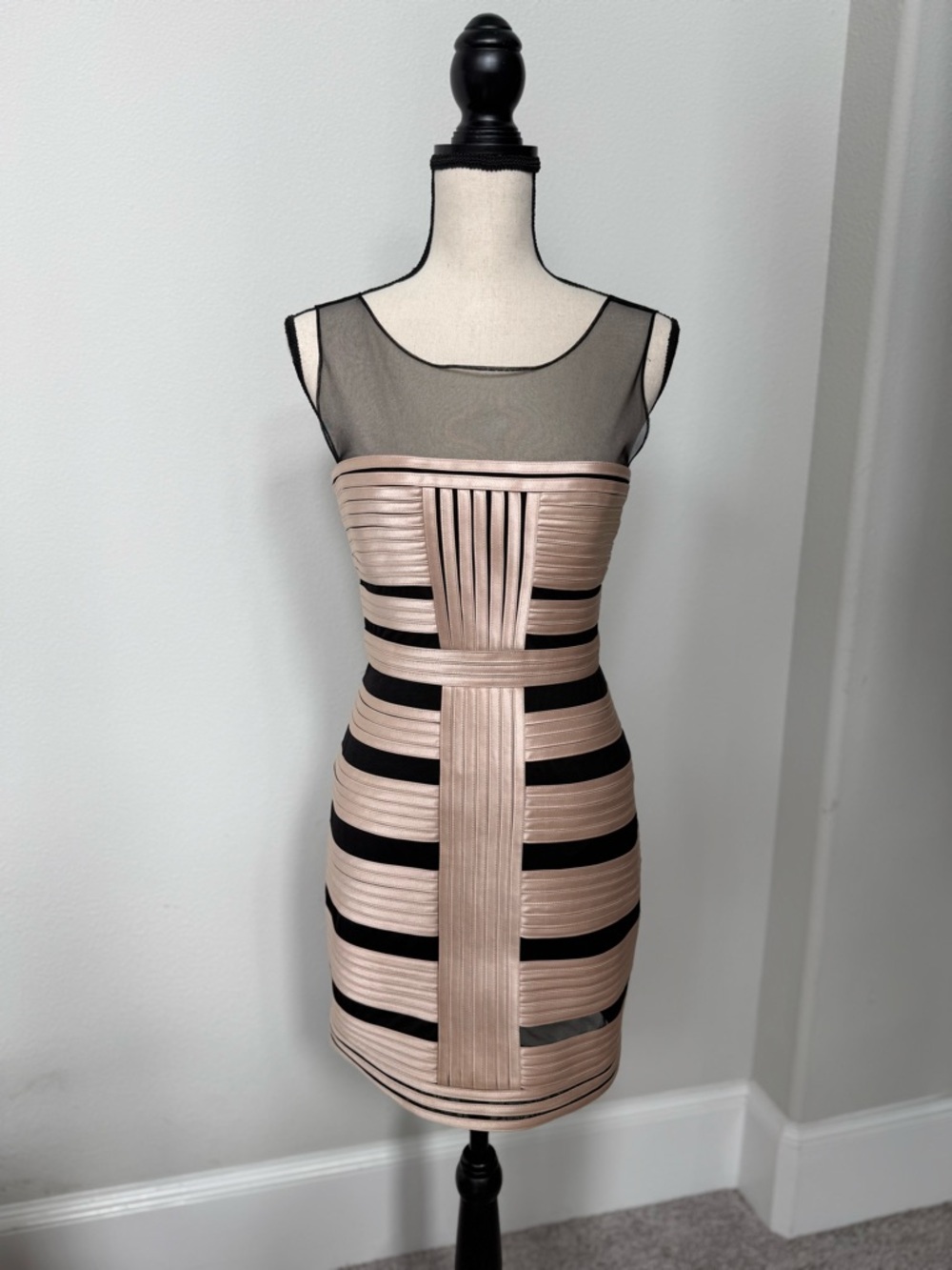 BCBGMaxAzria Brenda Black and Champagne Blush Striped Bandage Mini Dress